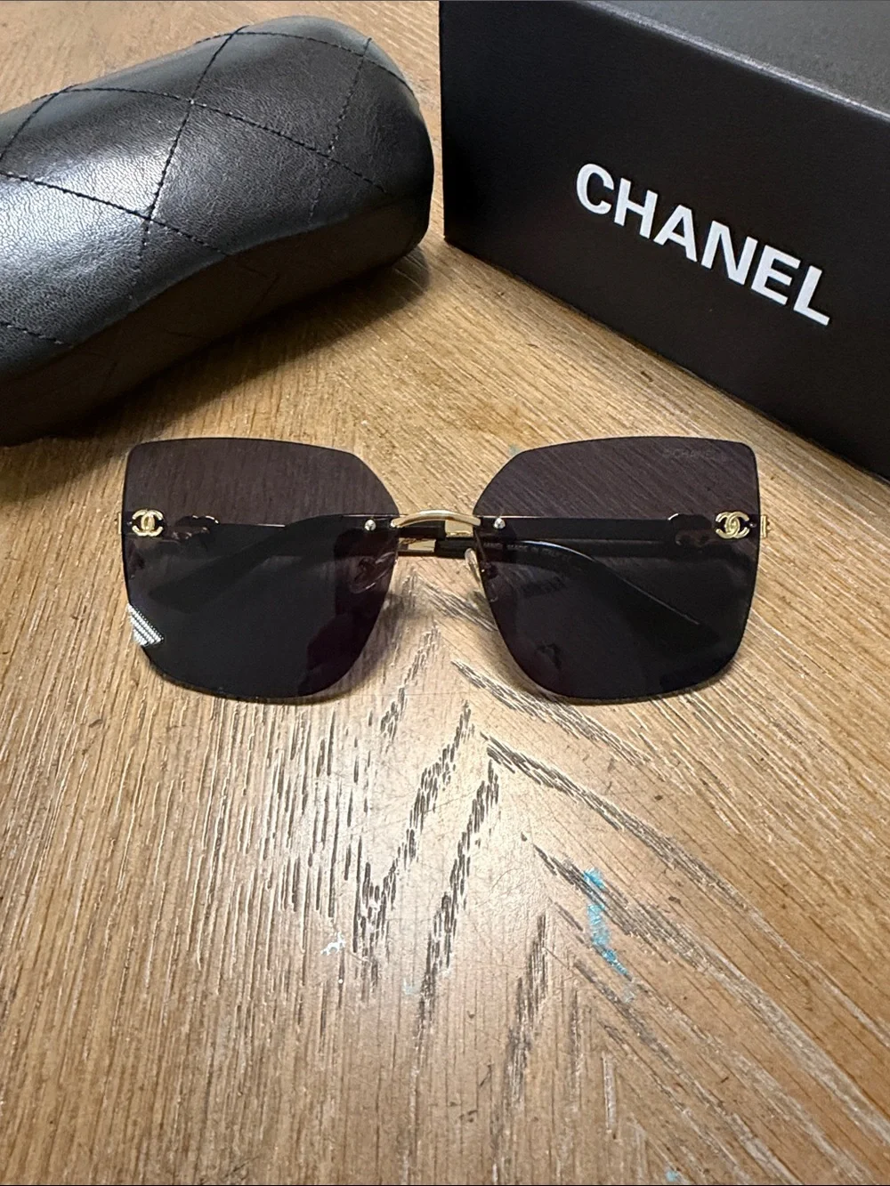 CHANEL Black Gradient Rimless Square Sunglasses with Gold Hardware